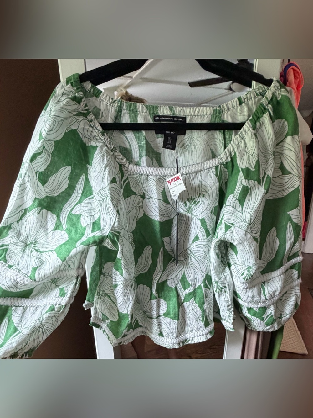 Tahari Green and White Floral Off-Shoulder Crop Top, S, New